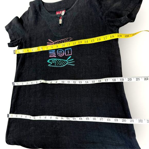 Blue Cactus Vintage 100% Linen Short Sleeve Hand Paint Shift Dress Size PS Black - Picture 12 of 15